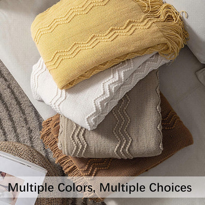 Knitted Boho Throw Blanket for Couch Textured Knit Terracotta Rust Blanket with Tassels Cozy Woven Farmhouse Blanket for Sofa Bed Chair Wave Pattern Fall Decor 50"X60", Orange