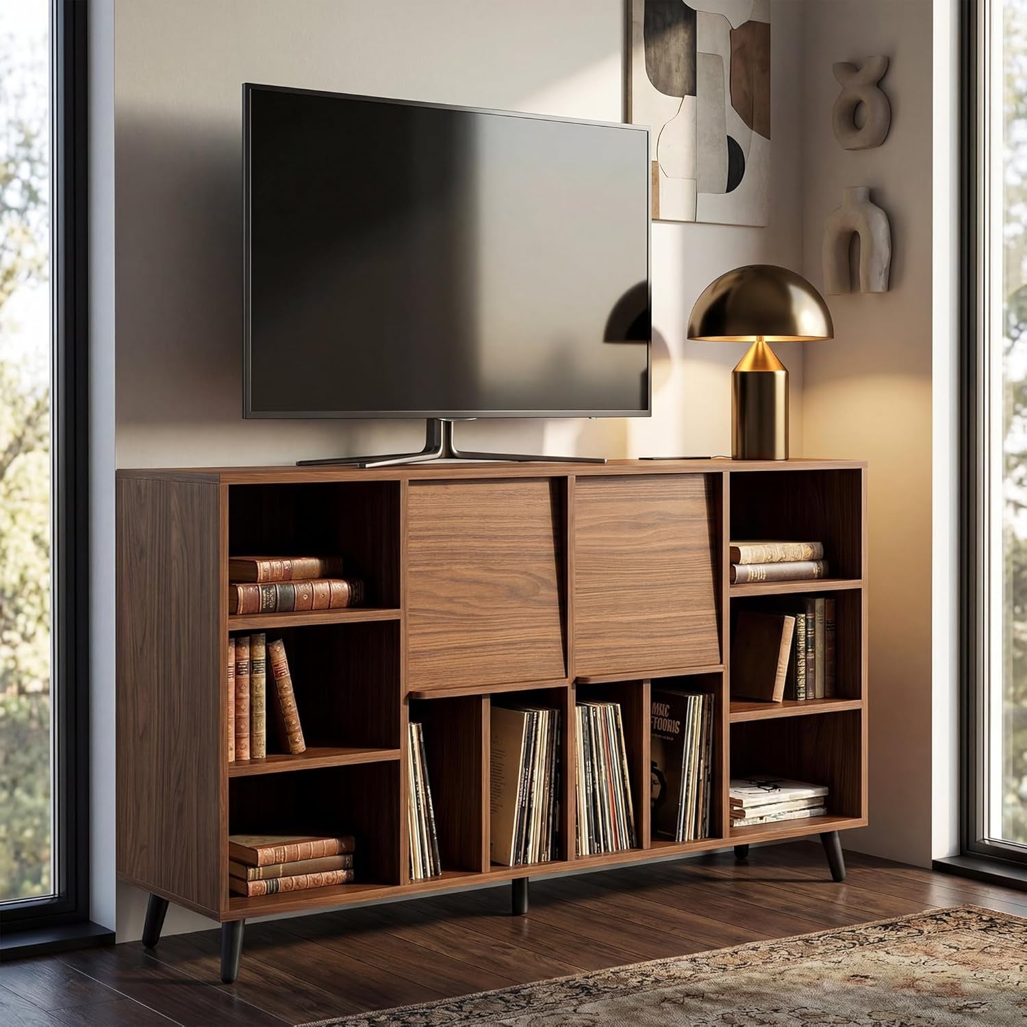 Large Record Player Stand 55", Holds 600+ Vinyl Record Storage Cabinet with Charging Station, Mid Century Modern Turntable Stand for Living Room, Bedroom, Brown