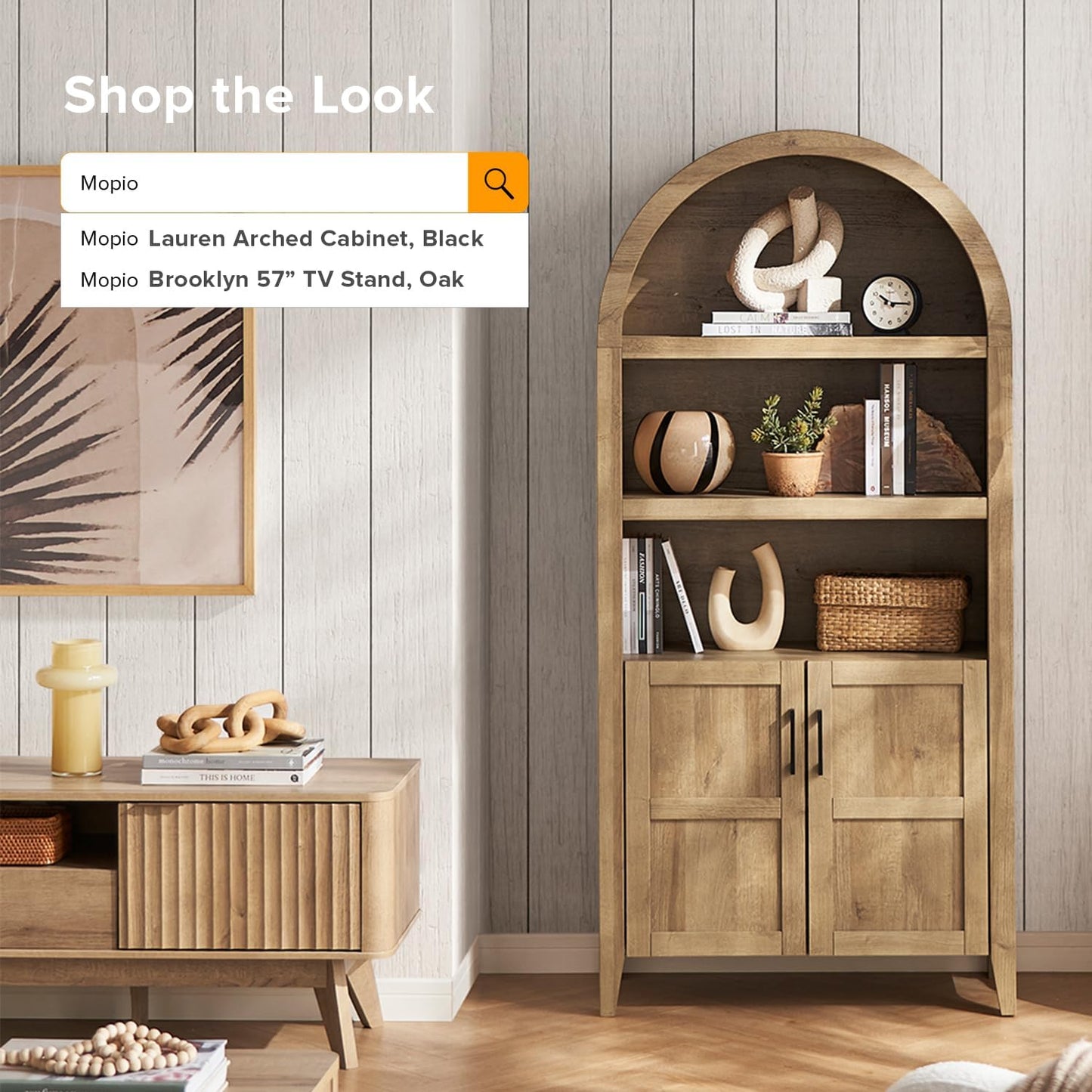 Lauren 65.4" Short Arched Cabinet, the Original 5-Tier Bookcase with Doors and Shelves, Mini Arch Bookshelf with Storage, Wooden Storage Cabinet for Living Room and Kitchen Pantry (Oak)