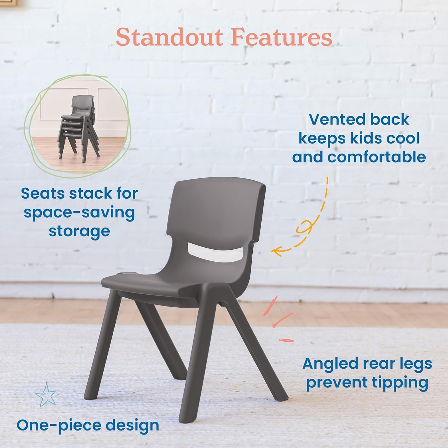 12In Plastic School Stack Chair, Classroom Furniture, Grey, 4-Pack