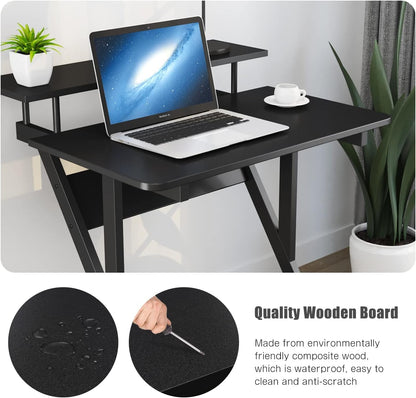 Computer Desk for Small Spaces, 27.5 Inch Small Computer Desk, 3 Tier Compact Desk with Monitor Shelf and Bottom Storage Shelves, Space Saving Desk, Black