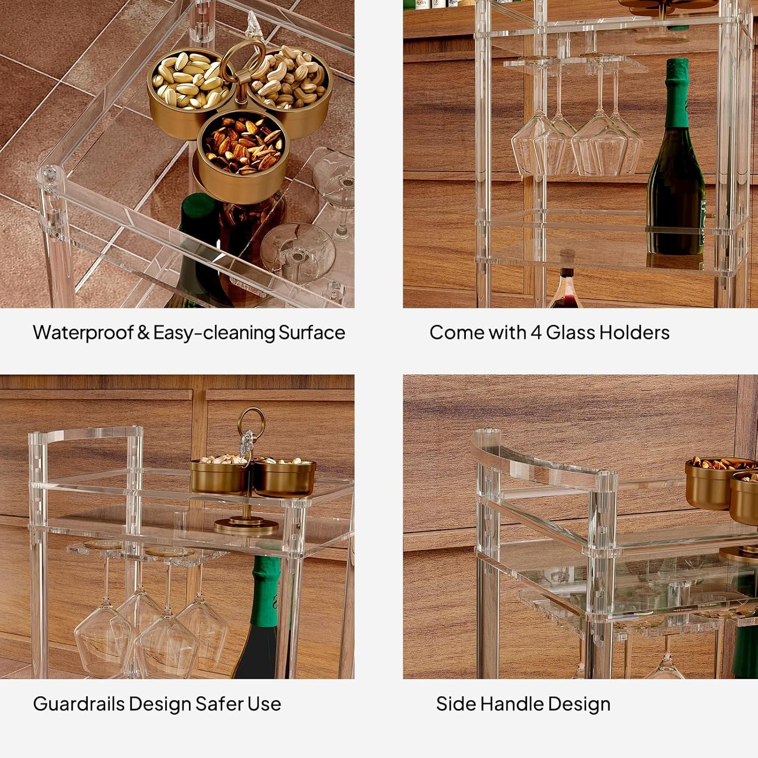 Small Acrylic Bar Cart - 3 Tier Home Bar Cart Rolling Serving Cart with 4 Lockable Wheels, Glass Holders, Handle, for Living Room, Kitchen, Bedroom, Bar, 15.6" L X 11.6" W X 35" H