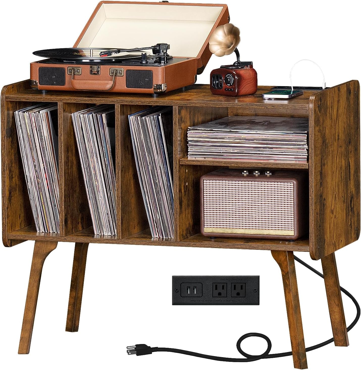 Record Player Stand with Charging Station Holds up to 220 Albums, Brown Turntable Stand with 4 Cabinet, Large Mid-Century Record Player Table,Vinyl Holder Storage for Bedroom Living Room