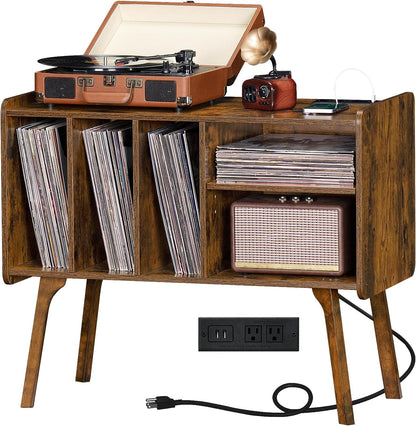 Record Player Stand with Charging Station Holds up to 220 Albums, Brown Turntable Stand with 4 Cabinet, Large Mid-Century Record Player Table,Vinyl Holder Storage for Bedroom Living Room