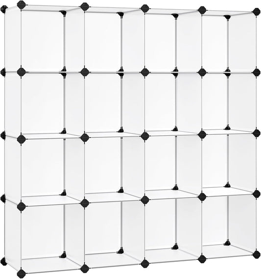 Cube Storage Organizer, Set of 16 Plastic Cubes, Book Shelf, Closet Organizers and Storage, Room Organization, Bedroom Living Room, 12.2 X 48.4 X 48.4 Inches, White ULPC44L