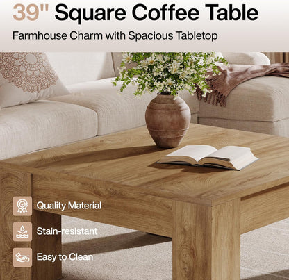 Square Coffee Table, 39-Inch Farmhouse Wooden Coffee Table with Sturdy Legs, Rustic Accent Center Table for Living Room, Easy Assembly, Light Brown