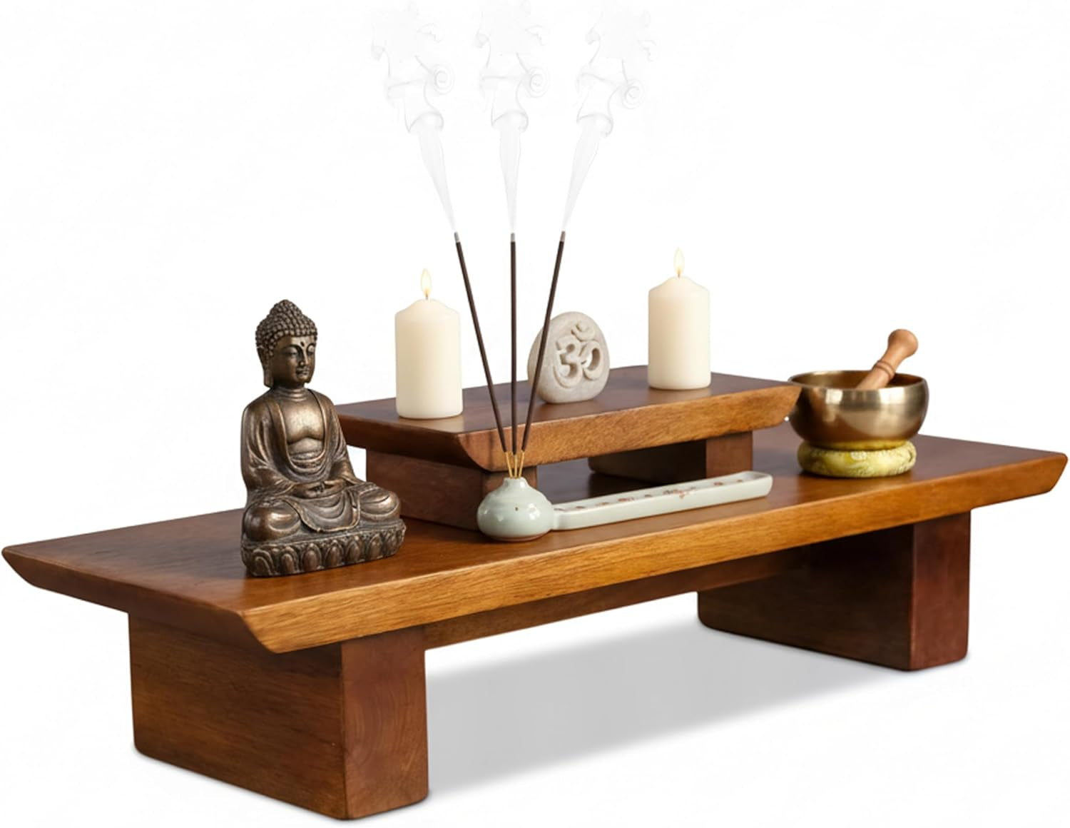 Meditation Altar Table – 21 X 7.5 X 6 Inch Handmade Tiered Puja Shrine - Small Alter Tables for Relaxation, Prayer - Buddha Meditation Alter Made of Strong and Durable Mango Wood