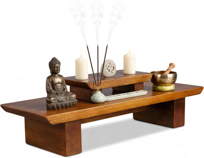 Meditation Altar Table – 21 X 7.5 X 6 Inch Handmade Tiered Puja Shrine - Small Alter Tables for Relaxation, Prayer - Buddha Meditation Alter Made of Strong and Durable Mango Wood