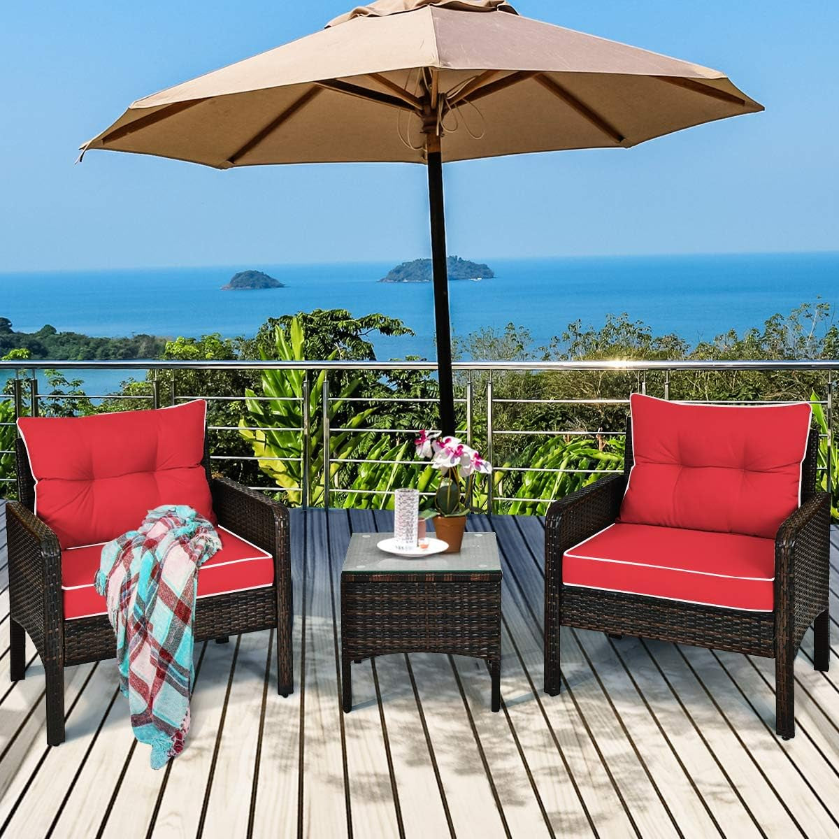 3 Piece Outdoor Patio Furniture Set, Wicker Chairs Set with Glass Top Coffee Table, Thick Cushions, All Weather Garden Lawn Poolside Backyard Porch Furniture Set for 2 (Red)
