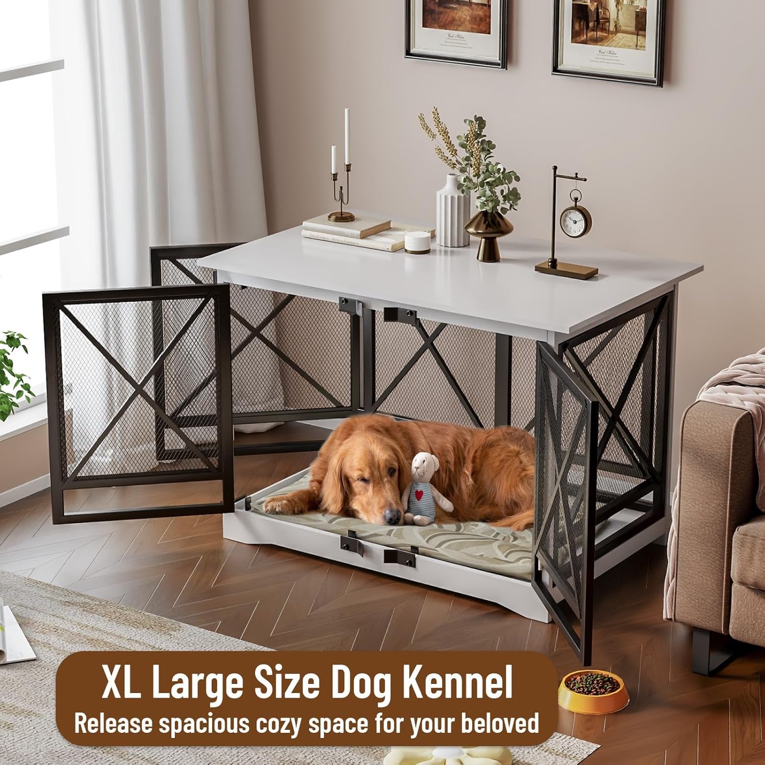 Large Dog Crate Furniture - 48 Inch Heavy Duty Dog Kennel Indoor for Xlarge Breed with Double Doors, Wooden Dog Cage XL Modern Decorative End Table Pet House (White)