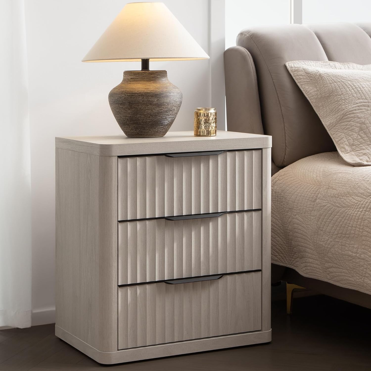 Night Stand Set of 2 Nightstands with 3 Drawers Storage Bedside Table Large Fluted Bed Side End Table Modern 25.6" Tall Wide Night Stands for Bedroom Living Room Sofa Couch Office, White Alder