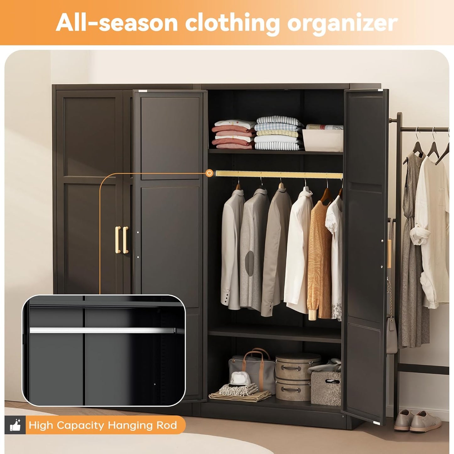 Metal Storage Cabinet with Hanging Rail, Black Armoire Wardrobe Closet with 2 Doors,71" H Storage Closet Cabinets with Adjustable Shelves and Removable Hanging Rods
