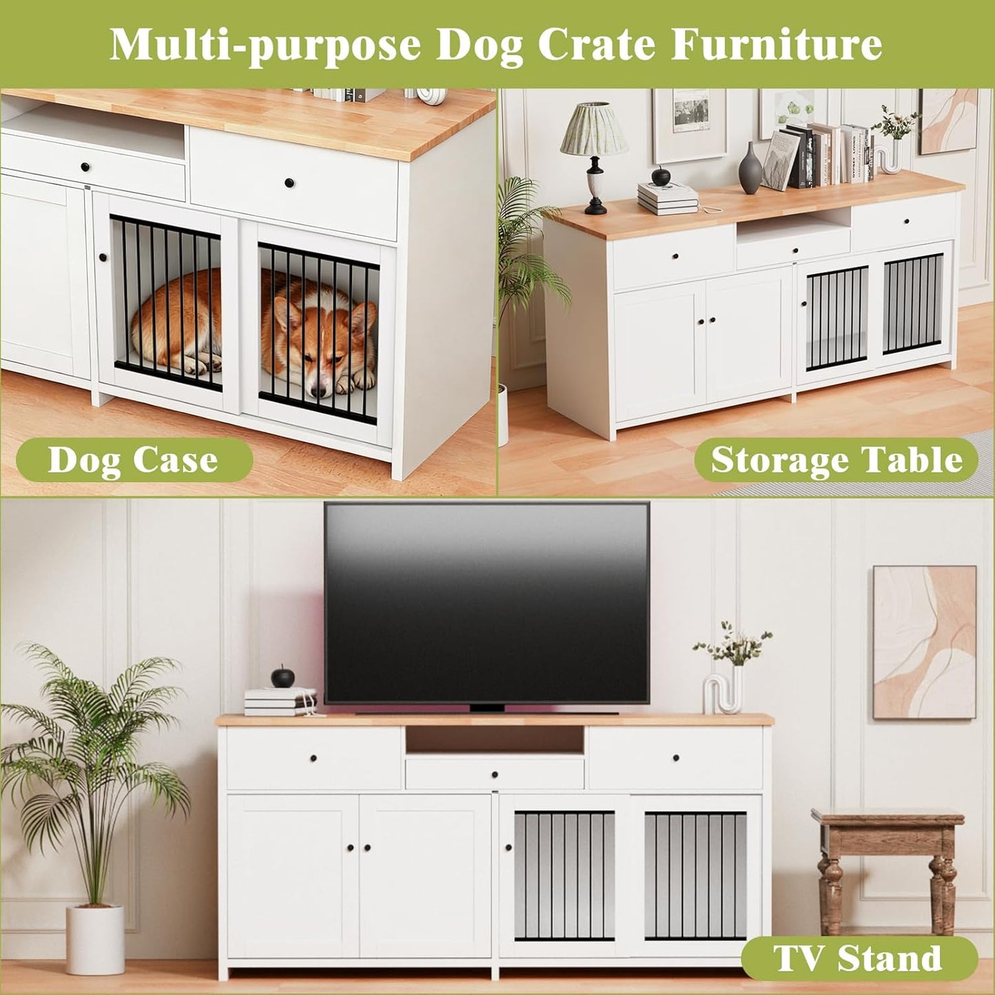 78" Double Door Dog Crate Furniture TV Stand, Heavy Duty Wooden Dog Kennel with 3 Drawers & 2 Cabinets, Extra Large Indoor Dog Cage for Medium/Large Dogs, White
