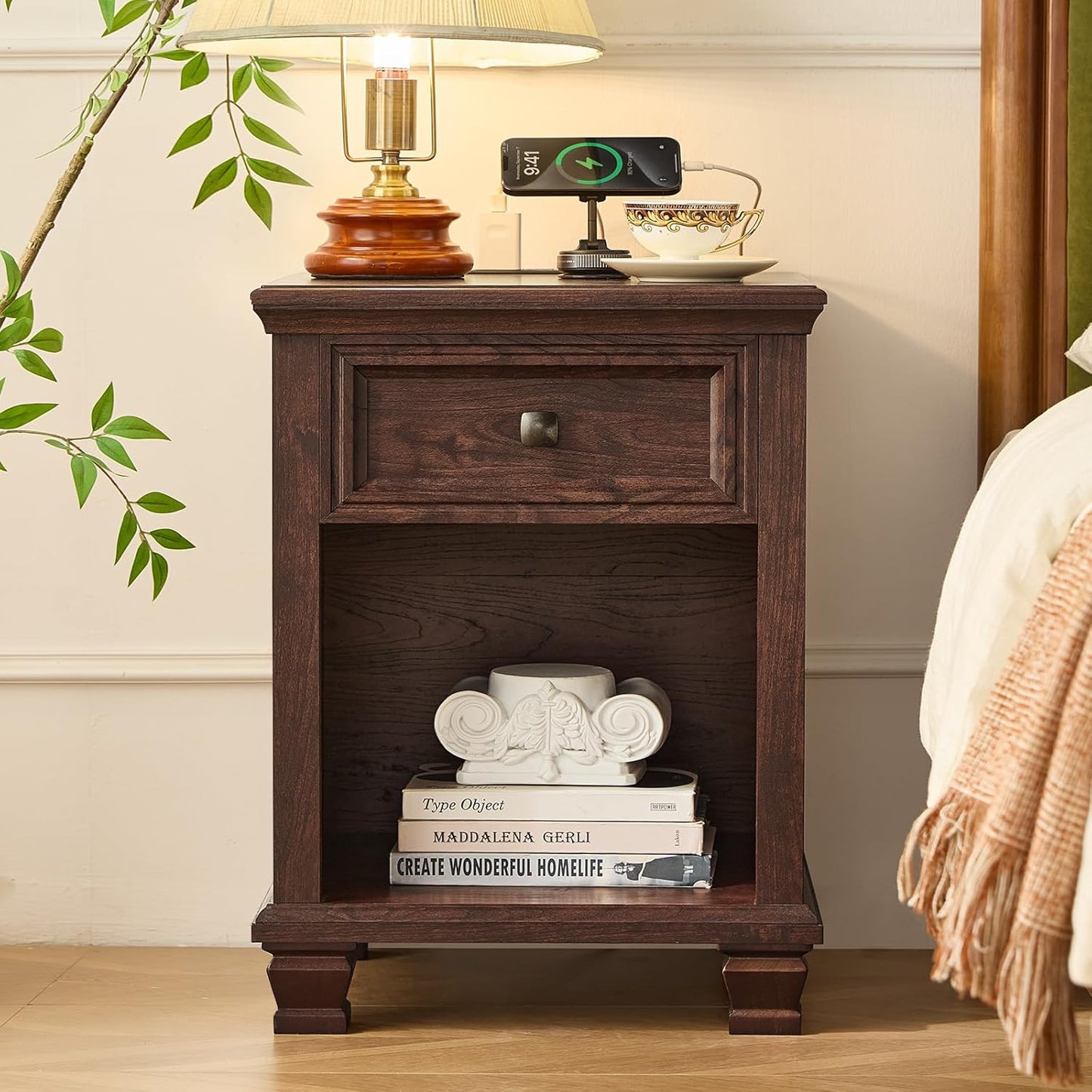 Farmhouse Night Stand with Charging Station, Rustic Wood Nightstand with Drawer, End Side Table for Living Room, Bedside Table with Open Shelf for Bed Room, Walnut