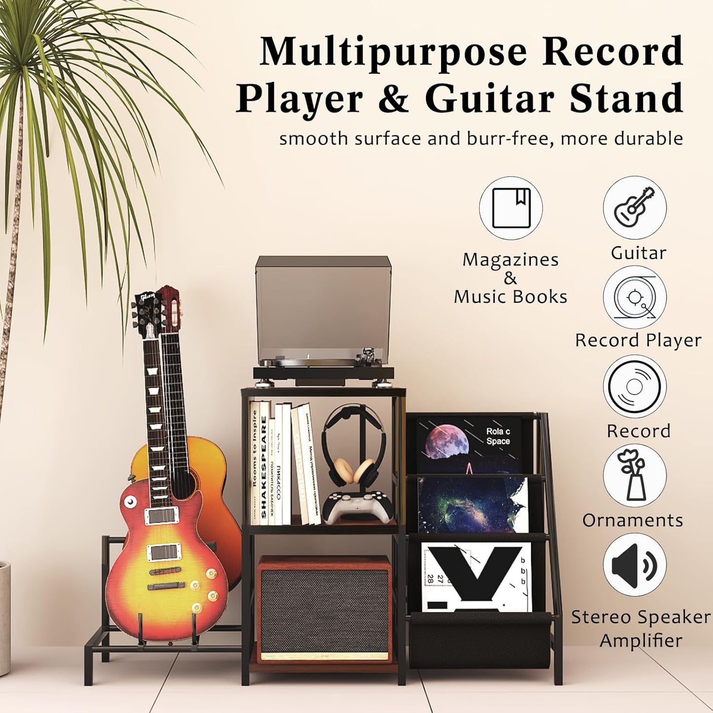 Guitar Stand & Record Player Table - 3-Tier Vinyl Record Storage for Acoustic, Electric Guitar, Bass, Speaker, Amp