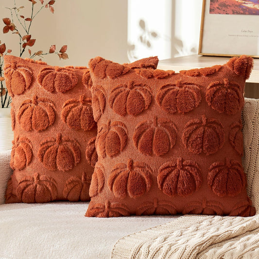 Fall Throw Pillow Covers 20X20 Set of 2 Autumn Decorations Rust Pumpkin Accent Pillowcase for Outdoor Porch Sofa Couch Bed Living Room Plush Faux Fur Halloween Farmhouse Home Decor
