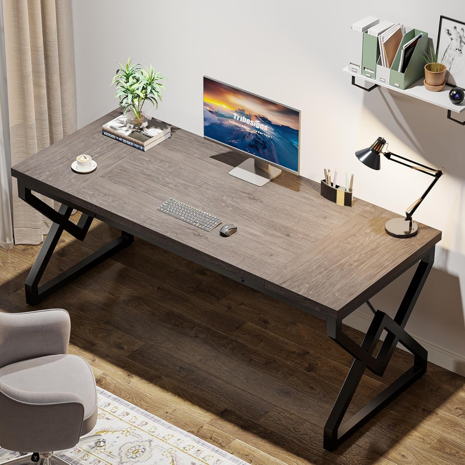 63 Inch Executive Desk, Large Office Computer Desk with Extra Thick Wooden Tabletop and Metal Frame, Modern Simple Workstation Writing Table Study Desk for Home Office, Gray