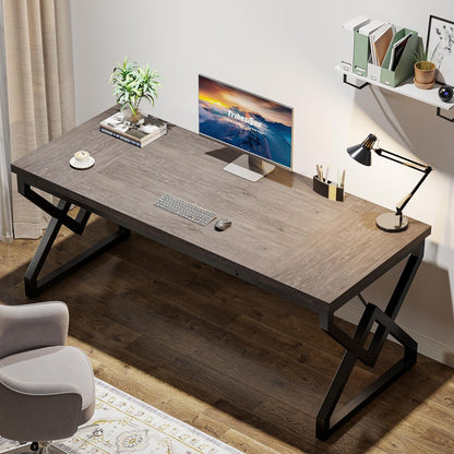 63 Inch Executive Desk, Large Office Computer Desk with Extra Thick Wooden Tabletop and Metal Frame, Modern Simple Workstation Writing Table Study Desk for Home Office, Gray