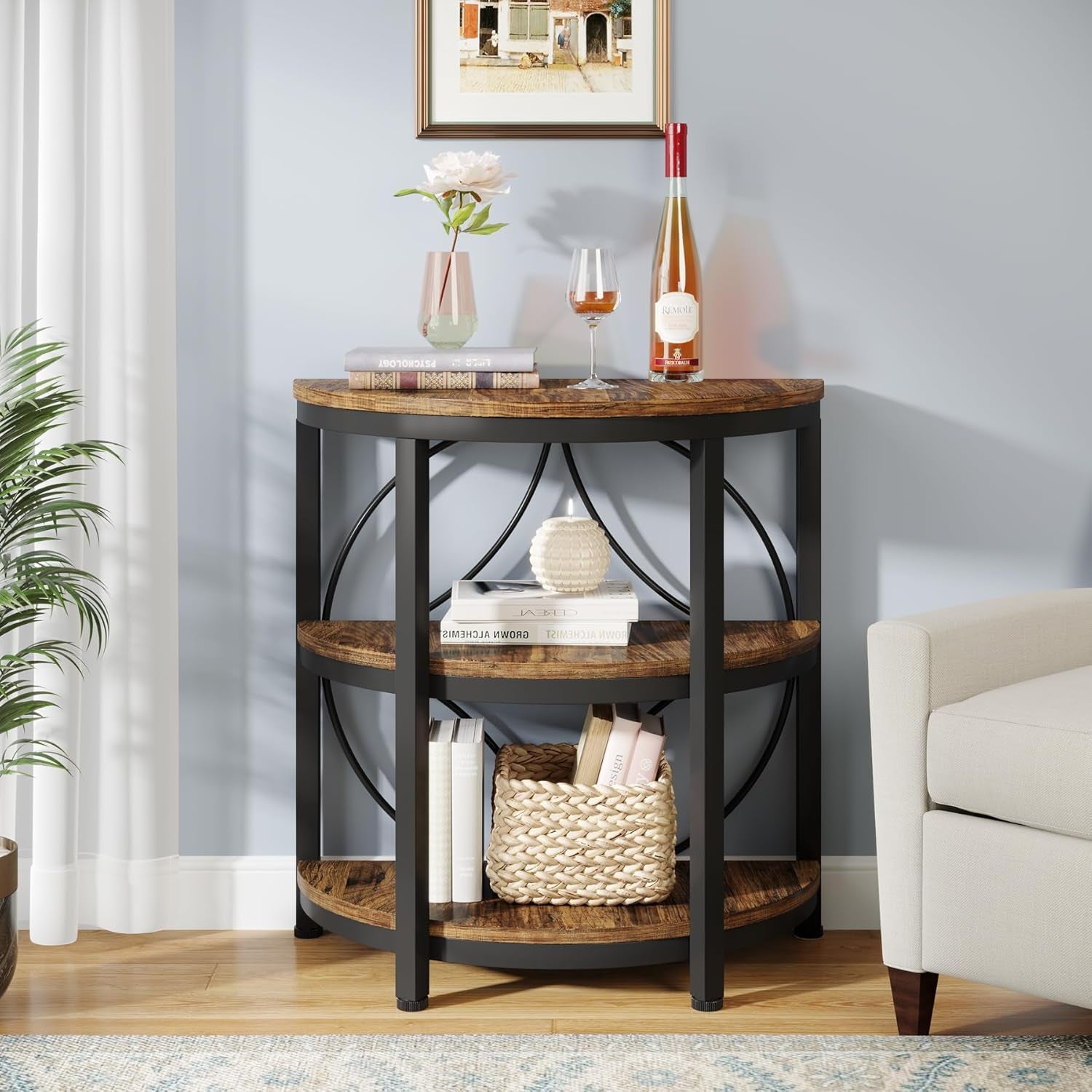 Half round End Table for Living Room, 3-Tier Half Side Table with Metal Frame, Industrial Half Moon Table with Storage Shelves, Half Circle Accent Table for Entryway, Bedroom, Rustic Brown