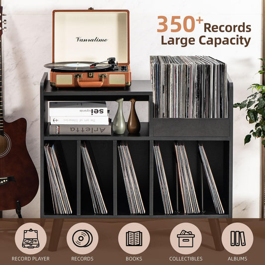 Record Player Stand, Large Record Player Table Cabinet with Open Vinyl Storage and Display Shelf Holds up to 350 Albums, Mid Century Wood Turntable for Living Room