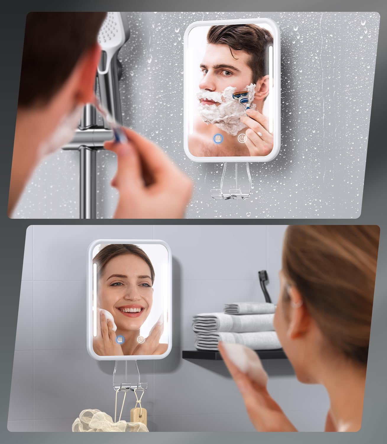 Heated Shower Mirror Fogless for Shaving with Light, 5000Mah Rechargeable Battery, Detachable Suction Cup and Razor Holder for Wall, No-Drilling, Removable, Waterproof for Bathroom - White