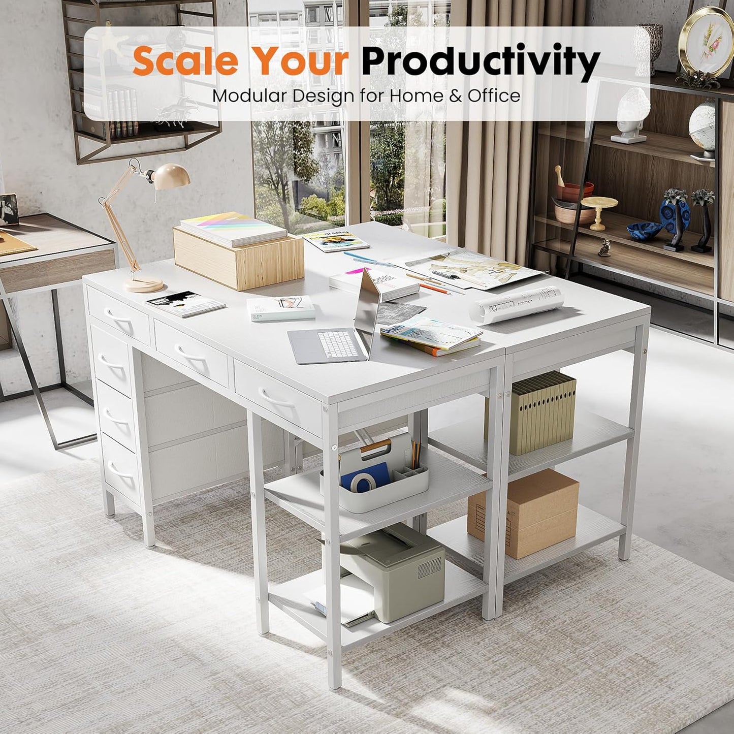 Computer Desk with 6 Drawers, 47" Home Office Writing Gaming Desks with Storage Shelves, Work Study Table for Bedroom Living Room White