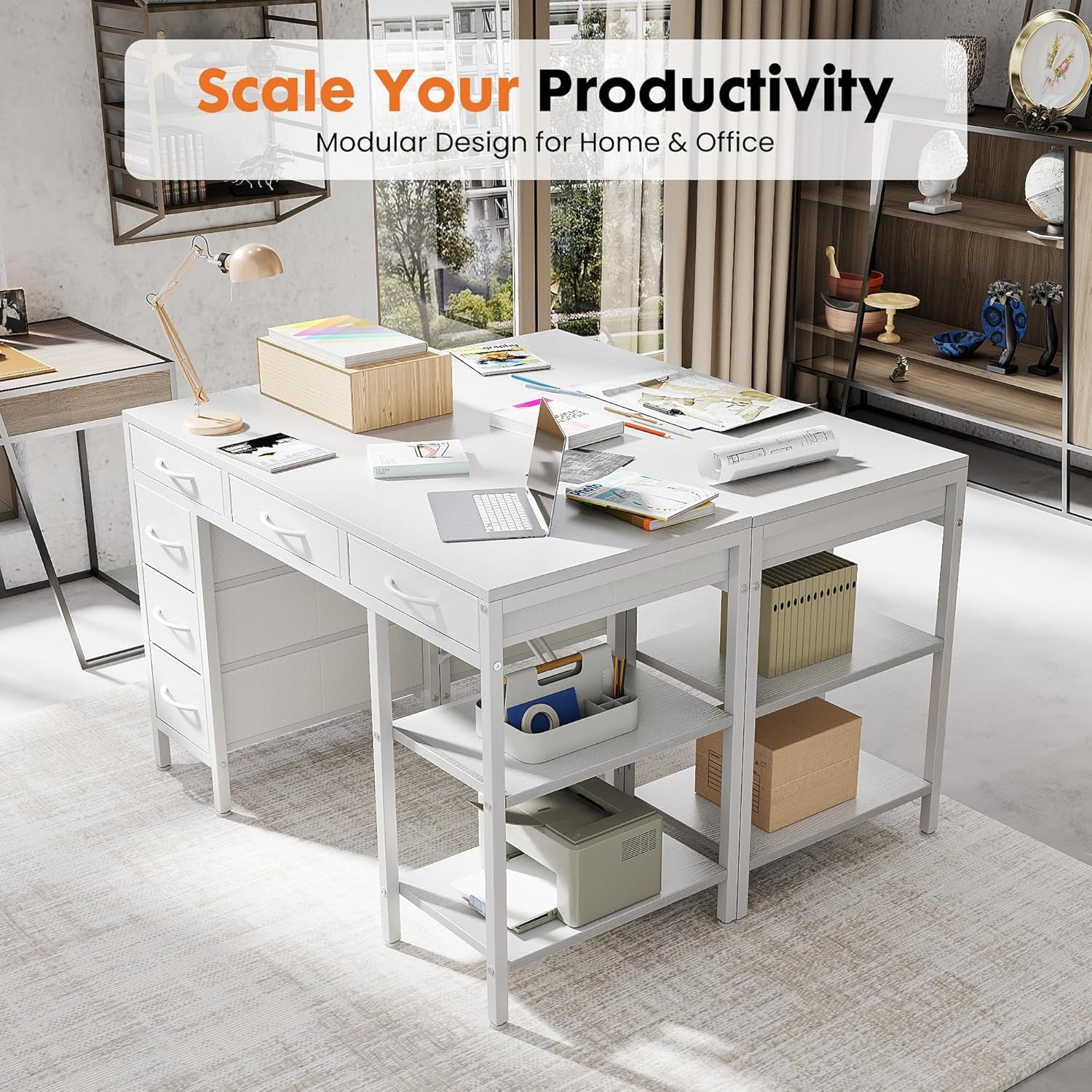 47" Computer Desk with 6 Drawers, Home Office Gaming Desks with Storage Shelves for Bedroom, Writing Study Corner Living Room Work Table White