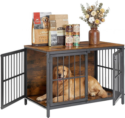 Heavy Duty Dog Crate Furniture, 39.4" Wooden Indoor Kennel with 3 Doors, Chew Resistant Metal Cage for Medium and Large Breeds, Dog Crate Side Table, Black and Rustic Brown BF101GW03
