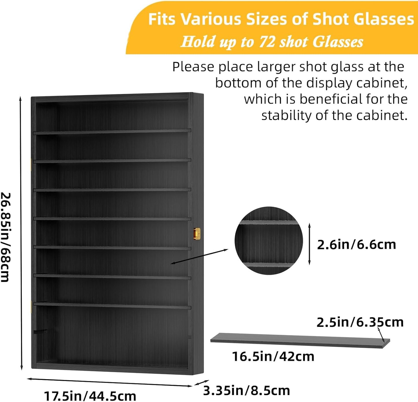 Shot Glass Display Case 72 Large Capacity Wooden Shot Glass Holder Wall Mounted Shadow Box Bar Cabinet with Acrylic Lockable Door and Removeable Shlves, 26.85"X17.5" X 3.35", Black