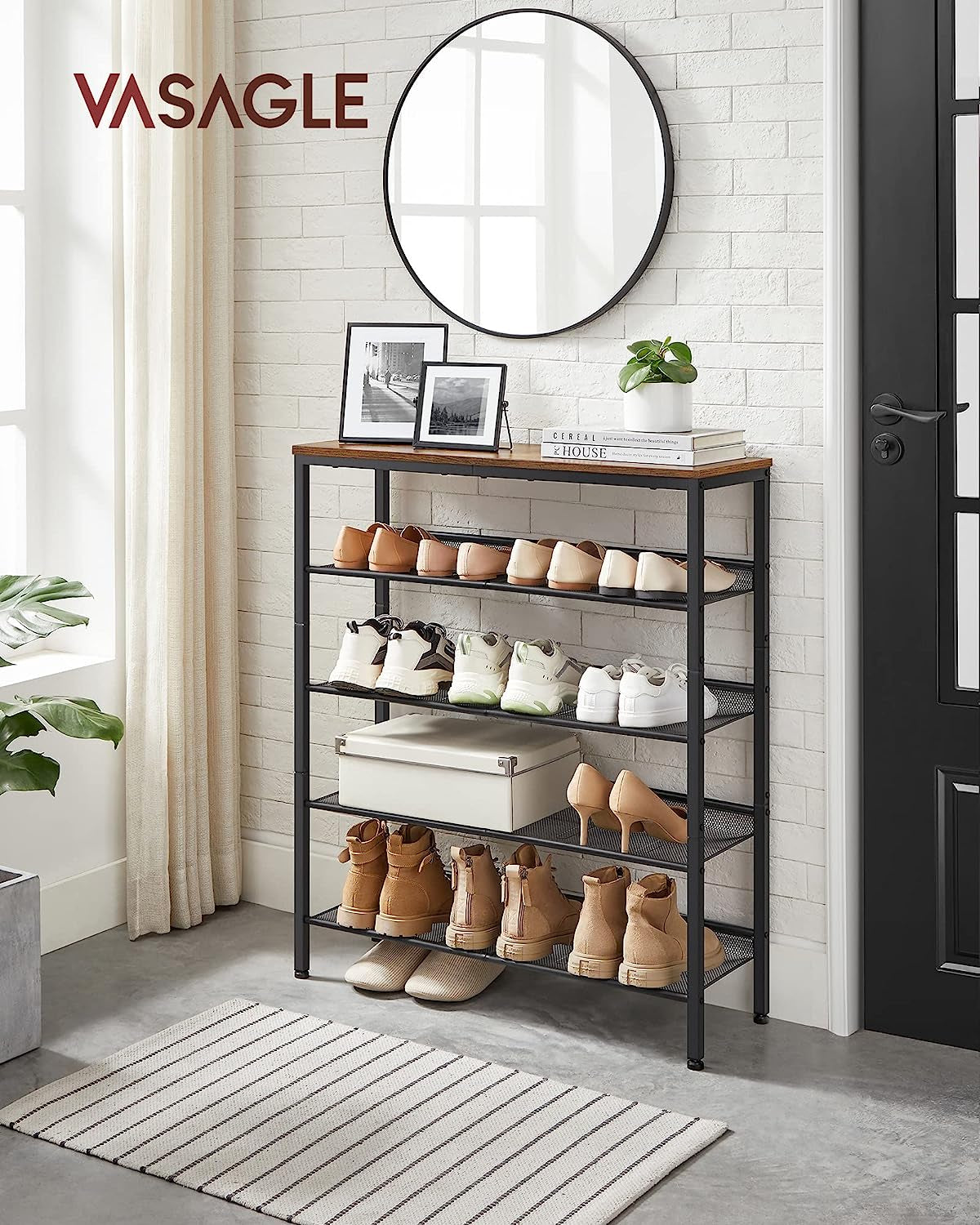 Shoe Rack for Entryway, 5-Tier Shoe Rack Organizer with Storage Shelves and Spacious Top, Freestanding, Adjustable, Industrial, Charcoal Grey and Metallic Silver ULBS038E22