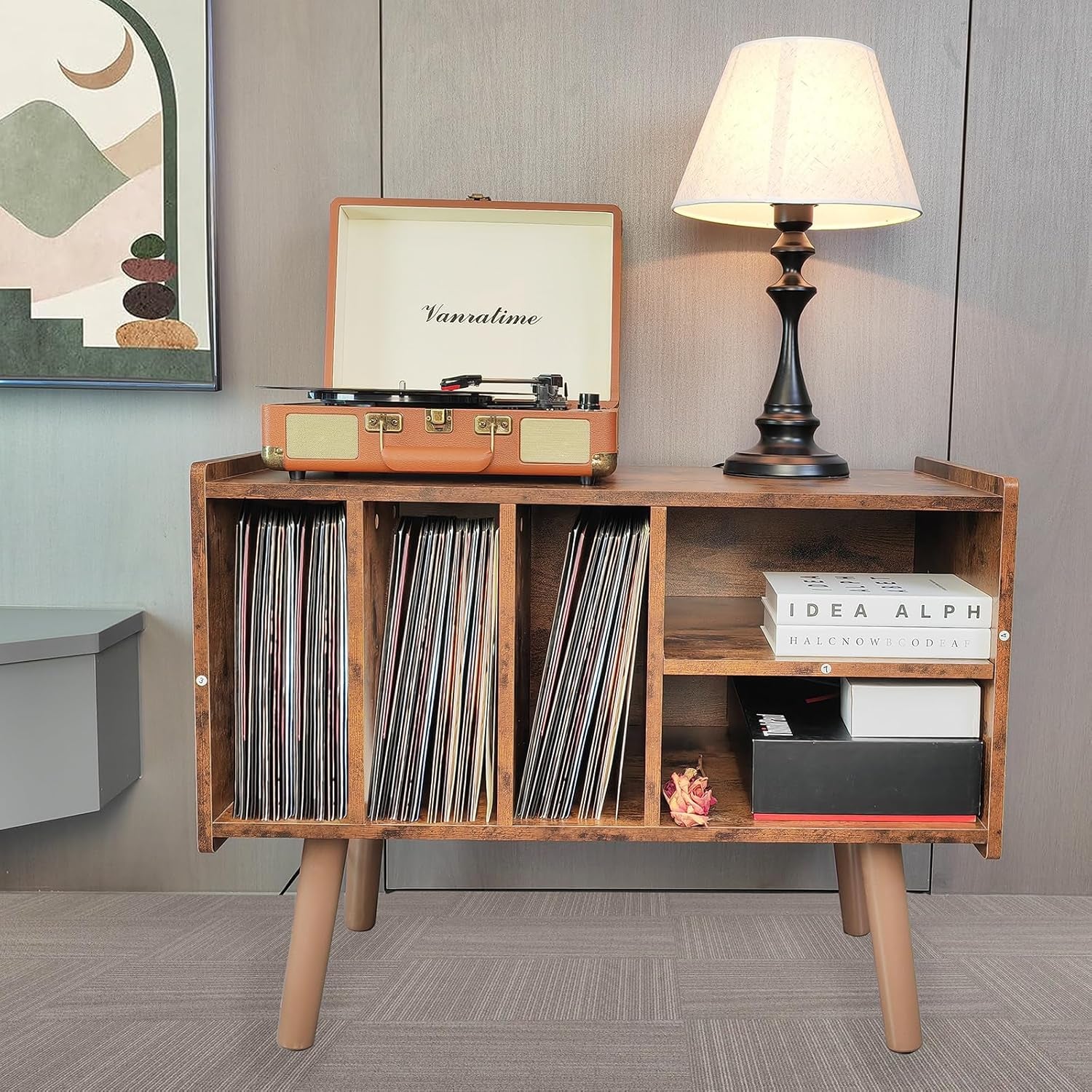 Record Player Stand with Vinyl Storage Holds up to 300Lb, Large Record Player Table Cabinet for Album Storage with Holder Vinyl Display Shelf, Wood Turntable Stand for Bedroom Living Room (Brown)