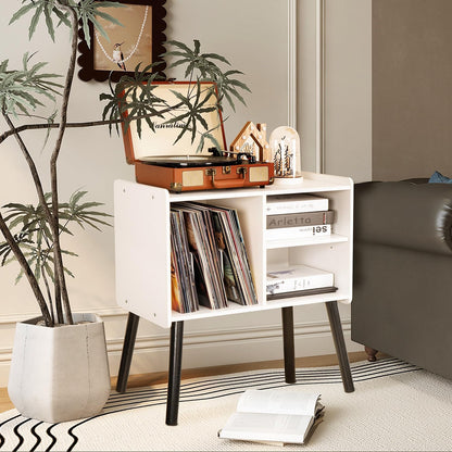 Record Player Stand, Mid-Century Record Player Table with Storage Hold up to 150 Albums , Vinyl Record Cabinet with Adjustable Shelves , Wood Turntable Stand for Living Room Bedroom (White)