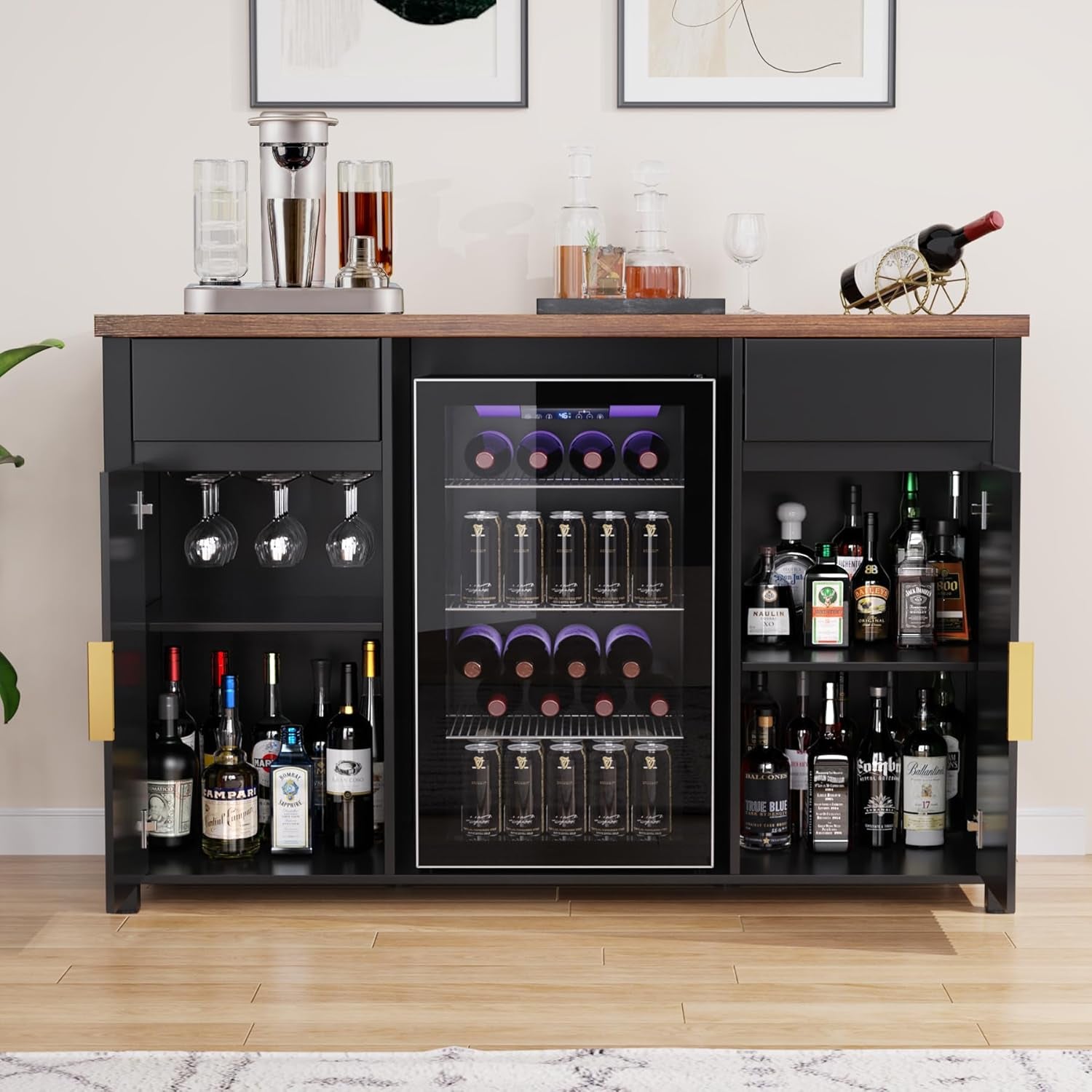 Large Coffee Bar Cabinet with Fridge Space, Mini Fridge Cabinet with Wine Storage, Buffet Sideboard Table for Home, Fluted Modern Design,53.2" L