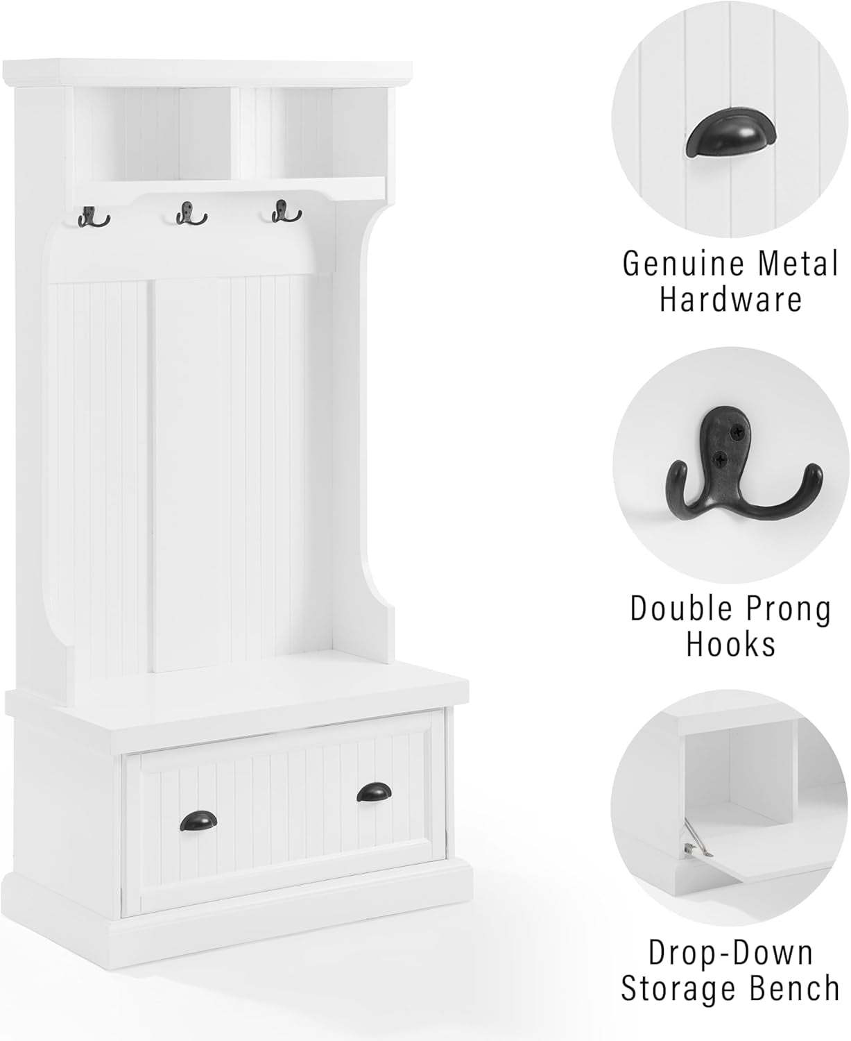 Shoreline Hall Tree with Storage Cabinets and Coat Rack Hooks for Hanging, White