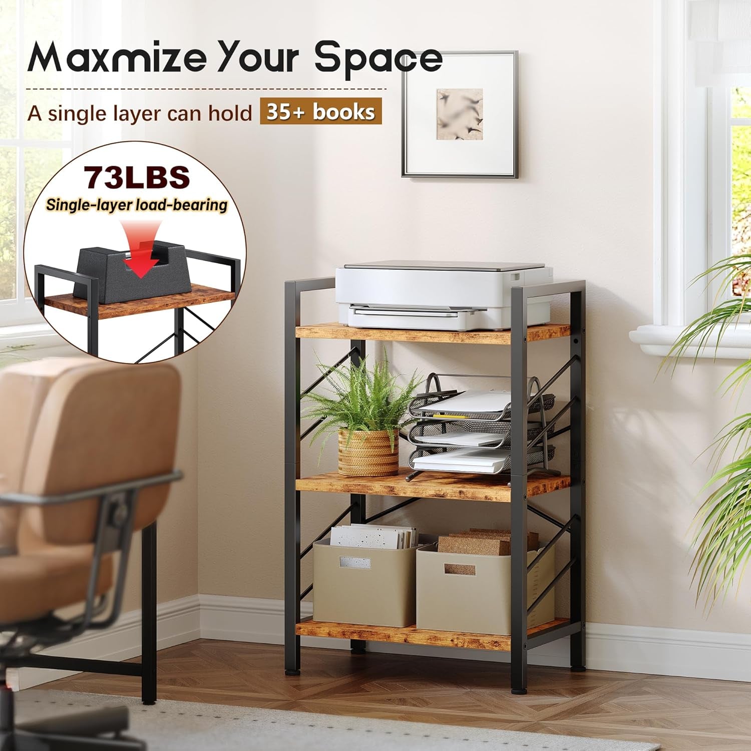 3 Tier Bookshelf, Industrial Bookcase with Metal Frame and Sidebars, Office Shelves for Small Spaces, Bedroom, Living Room, Rustic Brown