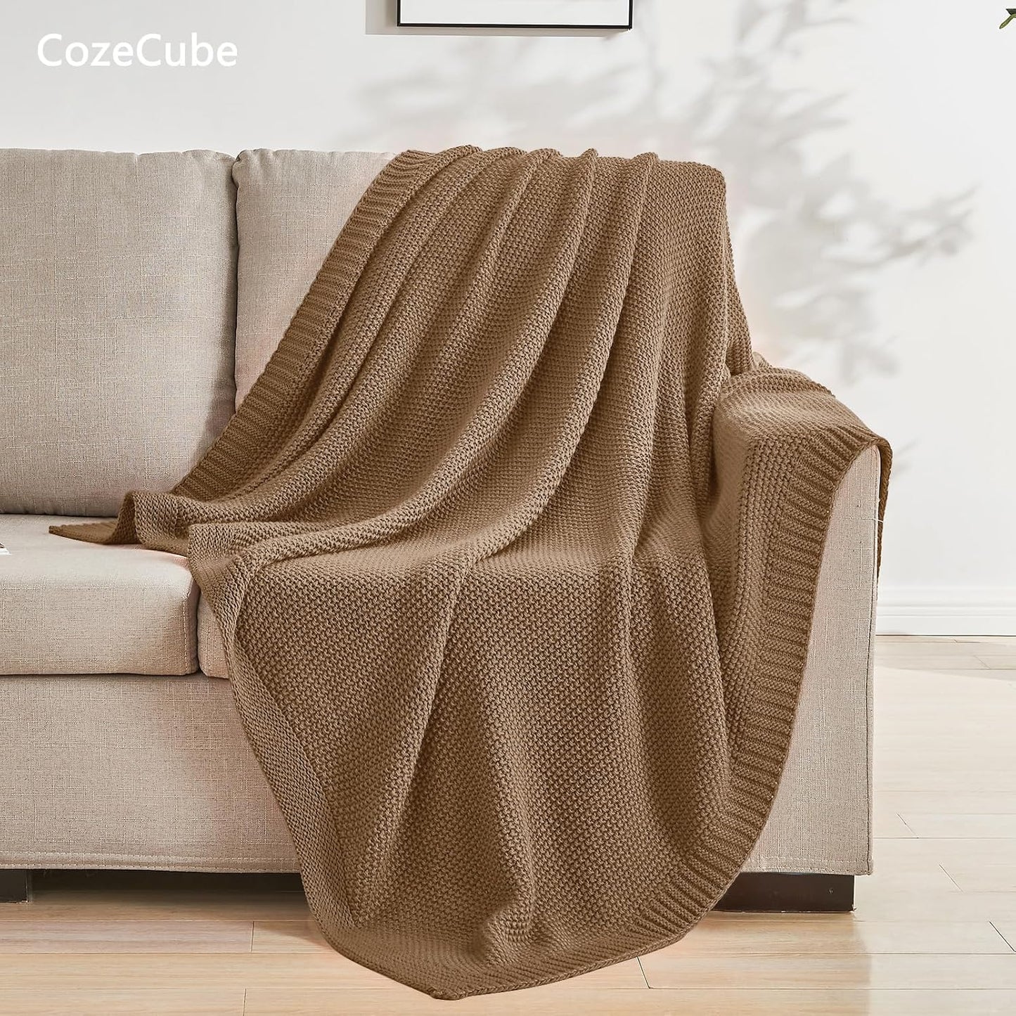 Caramel Brown Throw Blanket for Couch, Soft Cozy Cable Knit Throw for Bed Sofa Living Room, Lightweight Warm Decorative Farmhouse Christmas Blanket, 50"X60", Light Brown