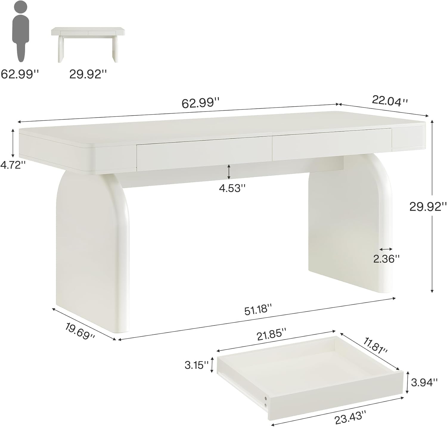 White Desk with Drawers, 63-Inch Modern Executive Office Desk, Glossy Elegant Work Study Desk Writing Table for Home Office, Cream White