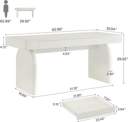 White Desk with Drawers, 63-Inch Modern Executive Office Desk, Glossy Elegant Work Study Desk Writing Table for Home Office, Cream White