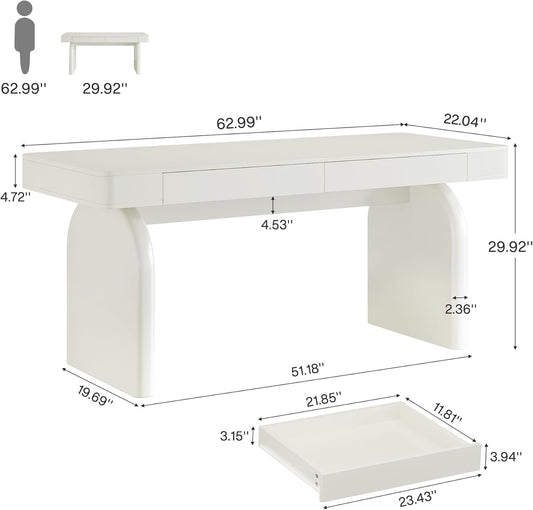 White Desk with Drawers, 63-Inch Modern Executive Office Desk, Glossy Elegant Work Study Desk Writing Table for Home Office, Cream White