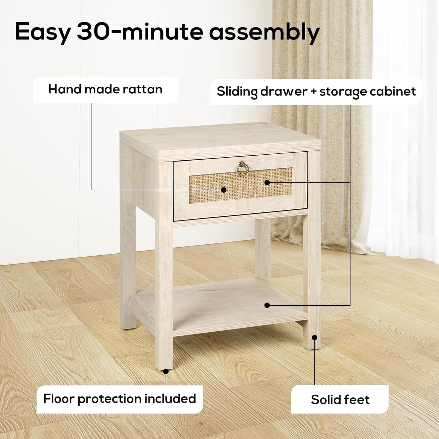 Rattan Nightstands Set of 2 - Farmhouse Bedside Table Night Stand with Drawer and Storage Shelf, Boho End Side Table for Bedroom, Mesitas De Noche Para Dormitorio, Light Oak