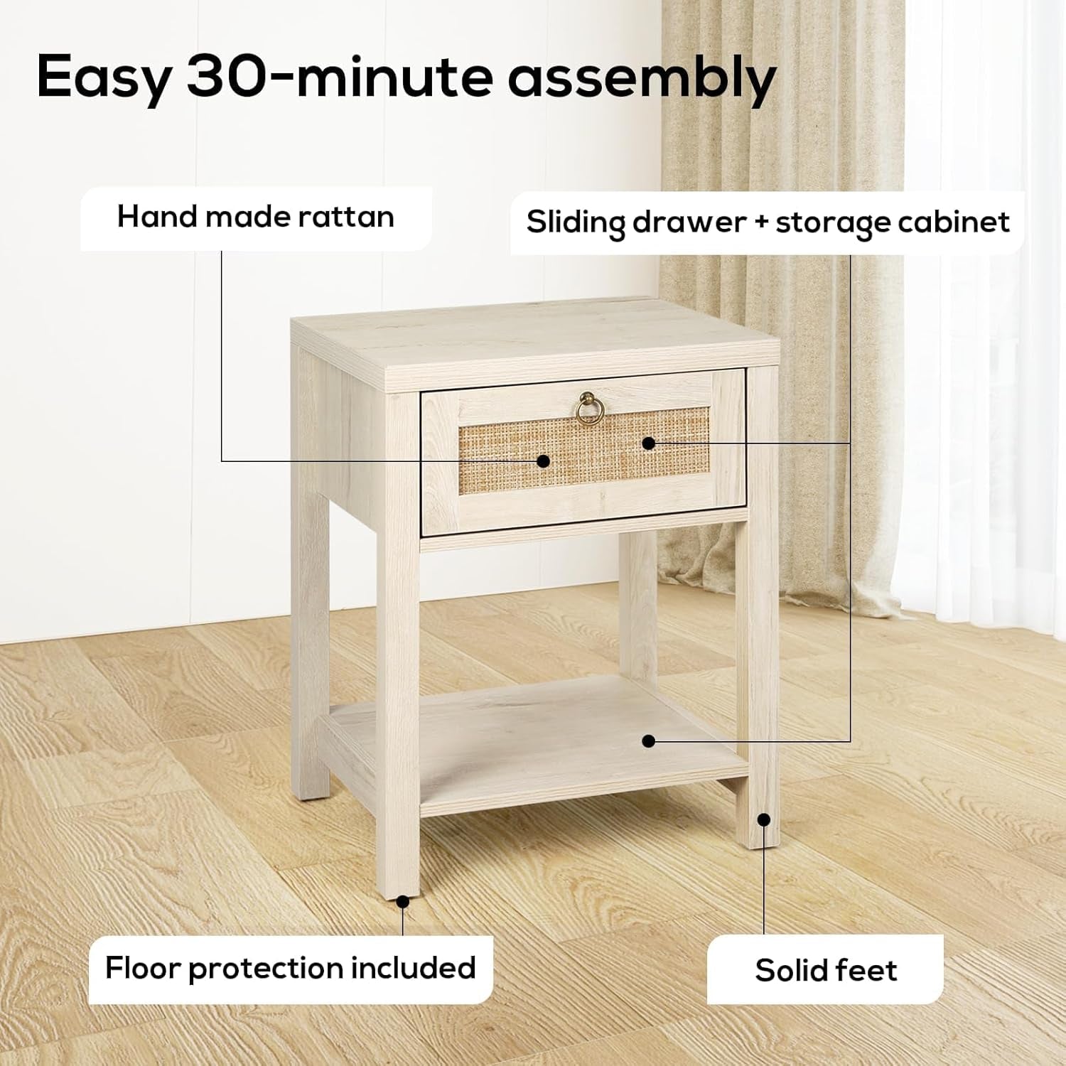Rattan Nightstands Set of 2 - Farmhouse Bedside Table Night Stand with Drawer and Storage Shelf, Boho End Side Table for Bedroom, Mesitas De Noche Para Dormitorio, Light Oak