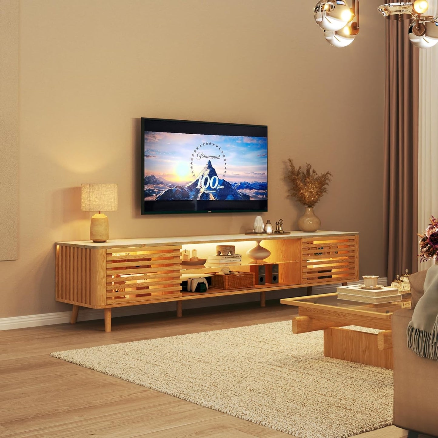 70" TV Stand for 55/65/75 Inch TV, Faux Marble Top Entertainment Center with Slatied Sliding Door & LED Lights, Mid Century Modern Style, Low TV Console with Glass Shelves for Bedroom