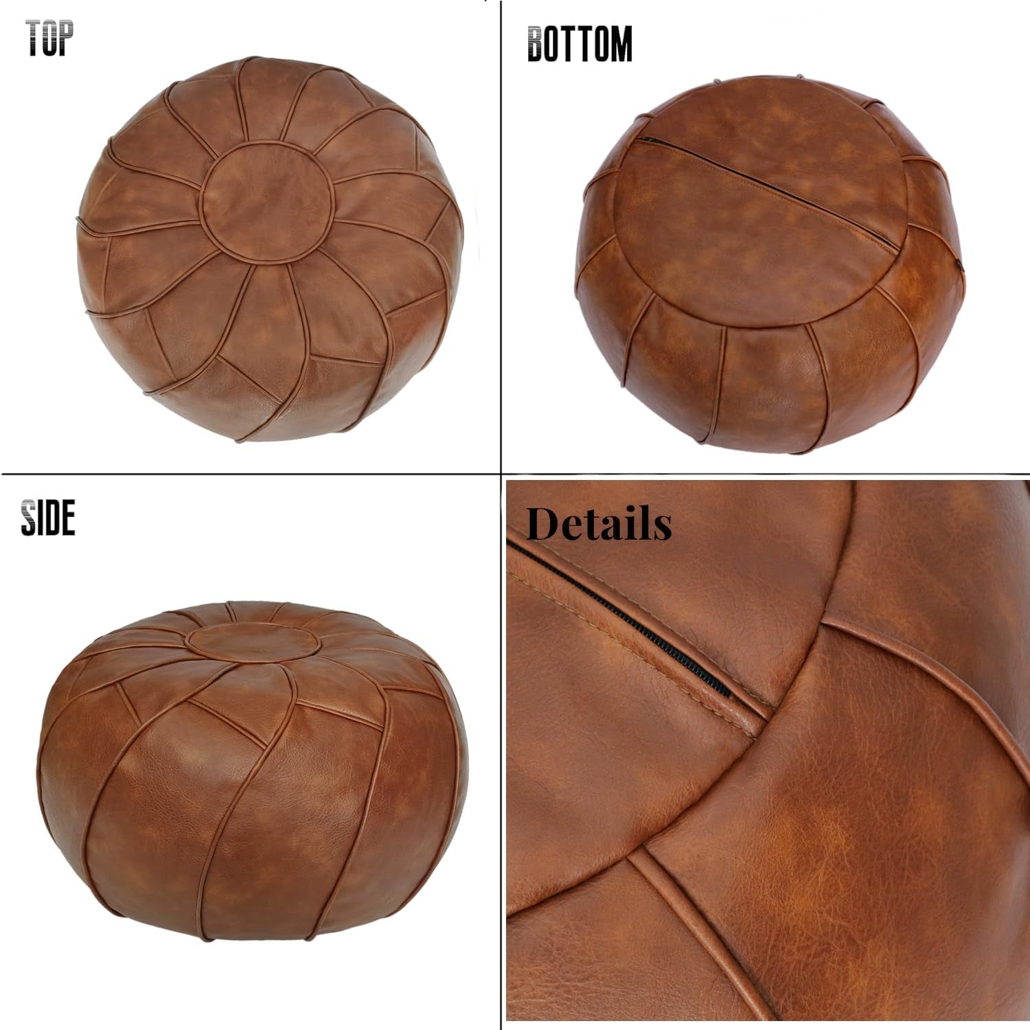 round Unstuffed Pouf Cover, Leather Foot Stool Ottoman with Storage, Bean Bag Floor Chair, Multi Functional Footrest for Living Room, Bedroom or Balcony (Brown)