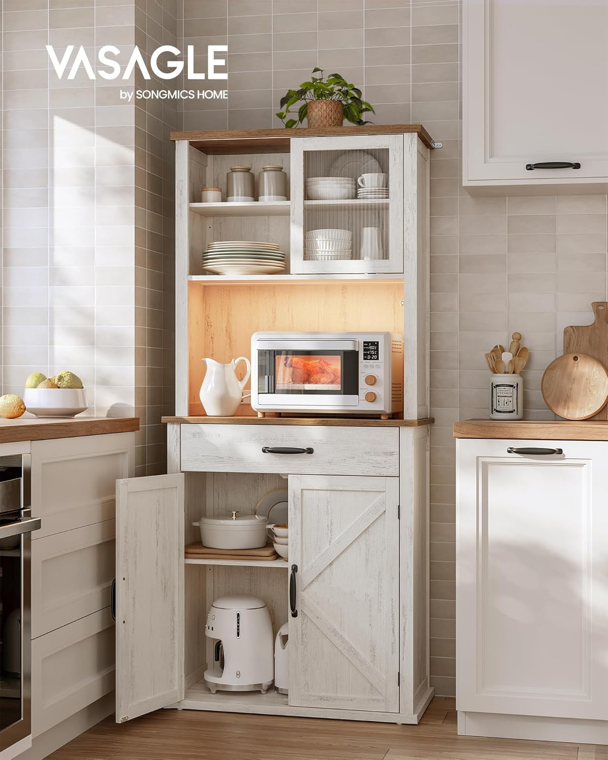 71" Kitchen Pantry Cabinet with Lights and Charging Station, Coffee Bar Cabinet with Doors and Drawer, Farmhouse Style, Adjustable Shelves, Cloud White UBBK363W11