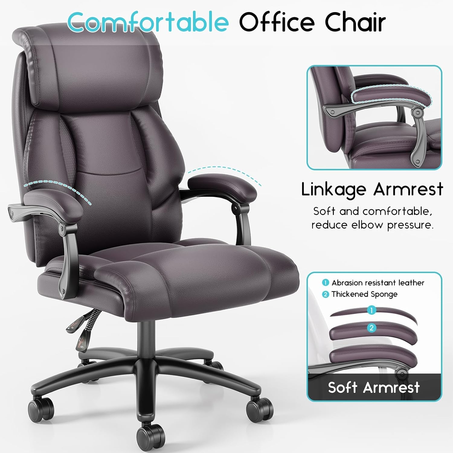 Reclining Office Chair, Executive Big and Tall Office Chair with Wide Seat, Recliner Leather High Back Computer Desk Chairs