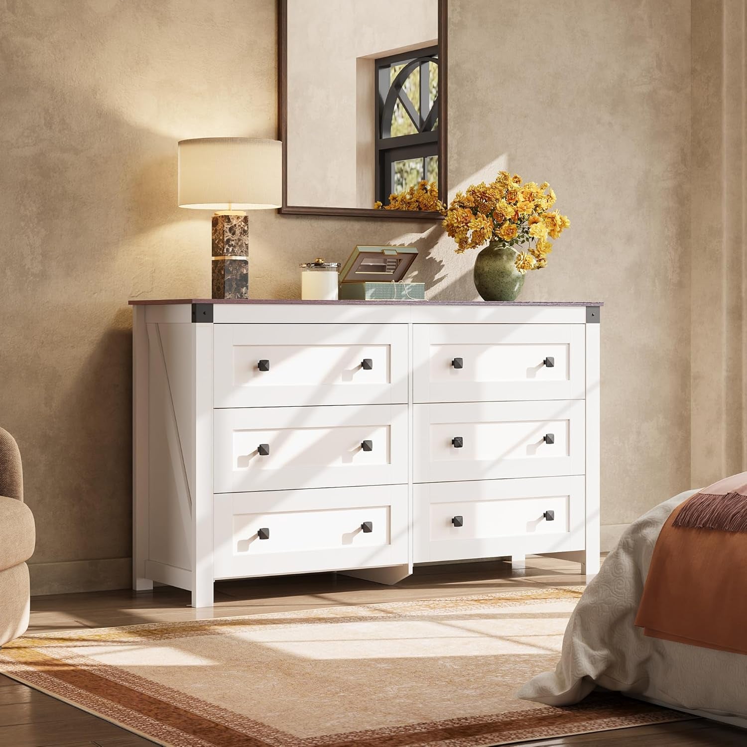 Farmhouse 6 Drawer Dresser for Bedroom, 53.07'' Wide Wood Dresser, White Dressers Storage Organizer with Double Rustic Handle, TV Stand for 60 Inch TV, Chest of Drawers for Living Room, Hallway