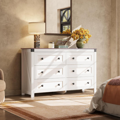 Farmhouse 6 Drawer Dresser for Bedroom, 53.07'' Wide Wood Dresser, White Dressers Storage Organizer with Double Rustic Handle, TV Stand for 60 Inch TV, Chest of Drawers for Living Room, Hallway