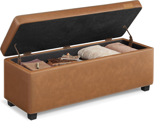 EKHO Collection - Storage Ottoman Bench, Entryway Bedroom Bench, 25 Gallons, Synthetic Leather with Stitching, Mid-Century Modern, Safety Hinges, Loads 660 Lb, Caramel Brown ULOM075K01