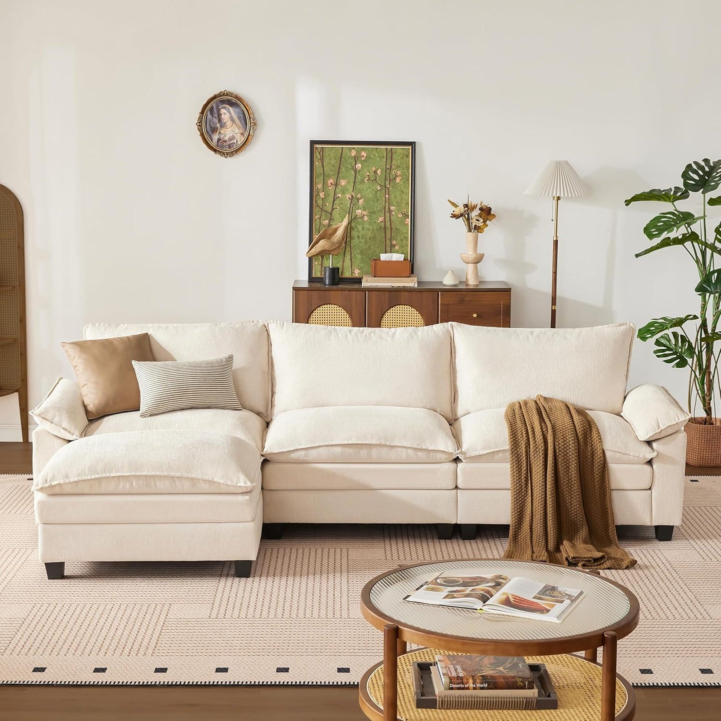 114 Inch Modular Couch Sectionals with Ottoman, Big Comfy Cloud Couches, L Shaped 4 Seat Modular Sectional Sofa, Modern Cloud Sectional Couches for Living Room, Deep Seat Sofa, Beige