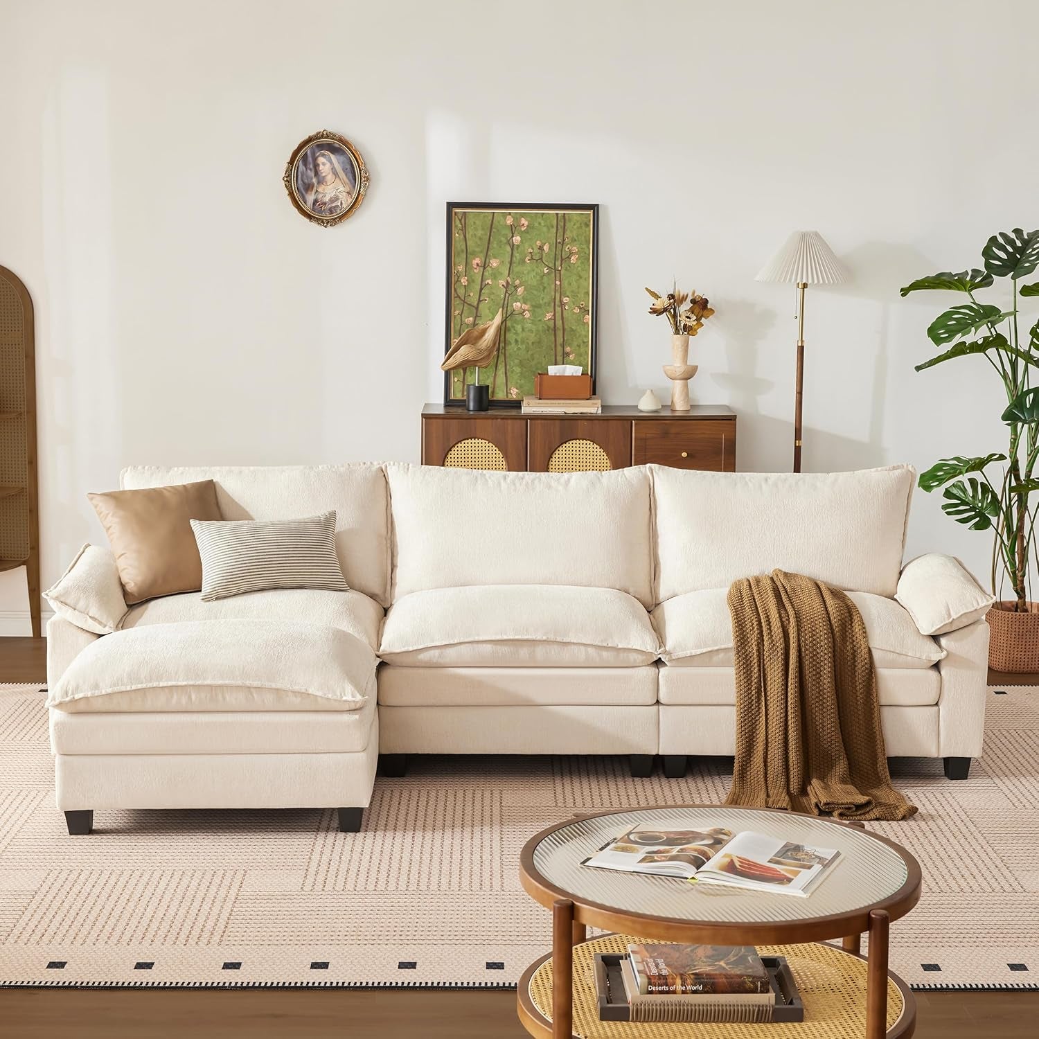 114 Inch Modular Couch Sectionals with Ottoman, Big Comfy Cloud Couches, L Shaped 4 Seat Modular Sectional Sofa, Modern Cloud Sectional Couches for Living Room, Deep Seat Sofa, Beige